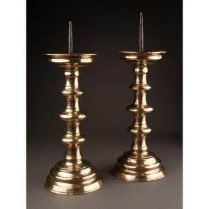 Pair Of Candlesticks - Gilt Bronze - Central Europe - Circa 1500