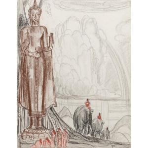 André Maire (1898 - 1984) — Vietnam, Elephants At The Foot Of A Large Standing Buddha Statue