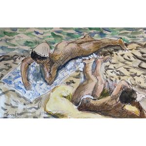 Pierre Deval (1897 - 1993) - Two Young Girls By The Sea, Blue Towel