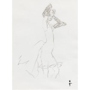 René Gruau (1909 - 2004) — Short Hair And Black Gloves, Yves Saint-laurent Rive Gauche Dress