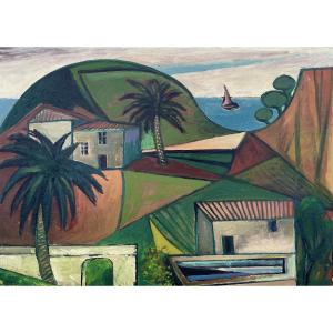 Georges-henri Pescadère (1915 - 2003) — Palm Trees And Sea, Houses, Basin