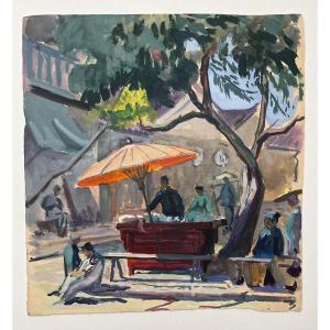 Jos Henri Ponchin (1897 - 1981) — Indochina, Street Vendor With An Orange Parasol