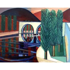 Georges-henri Pescadère (1915 - 2003) — Cypresses, Architecture, Body Of Water, March 2002