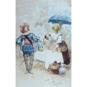 Léon Girardet, Swordsman With A Beer Mug, Watercolor On Paper
