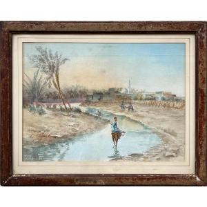 Louis Amable Crapelet Logo, The Surroundings Of Gabès (tunisia), Brown Ink, Ink Wash 