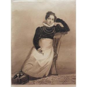 Auguste François Desmoulins 1788-1856 Portrait Of Young Woman Pen And Brown Wash