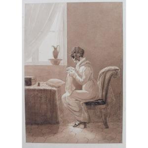 Auguste François Desmoulins 1788-1856 Young Woman At Her Couture Pen And Brown Wash