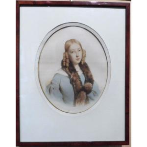 French School 19th Century Portrait Of A Young Girl Watercolor