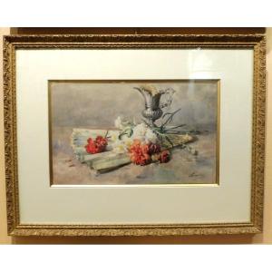 François Rivoire 1842-1919 Still Life With Fan Watercolor