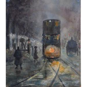 Georges François Said Geo 1880-1968 Tramway In The Night Watercolor
