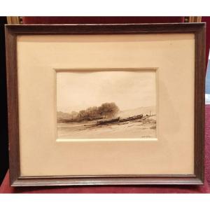 Jules Noël 1810-1881 Boats On The Shore Brown Ink Wash Drawing