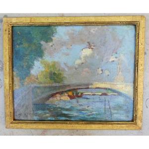 Paul De Frick 1864-1935 Paris The Seine Oil On Cardboard