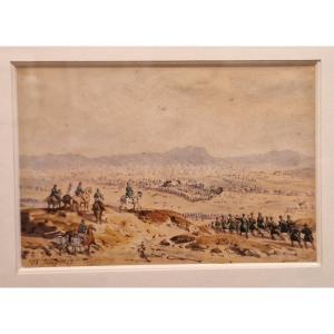 Théodore Jung 1803-1865 Battle Of The Conquest Of Algeria Watercolor