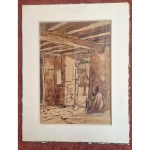 Emile Bernard 1868-1941 Arab Seated In A House Brown Wash Drawing