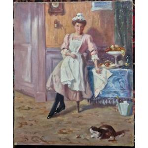 "the Servant, The Cat And The Champagne Cork" Oil On Canvas Signed Henri Cottin