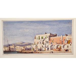 Gabriele Carelli 1821-1900 View Of Pozzuoli Watercolor