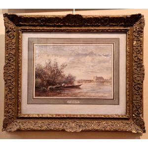 Félix Ziem 1821-1911 Fishermen On The Pond Watercolor 