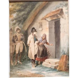 Hippolyte Bellangé 1800-1866 The Emperor Guest Into The Humble Cottage Watercolor