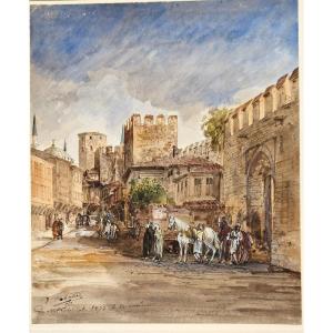 Léon Jean Baptiste Sabatier 1827-1887 View Of Constantinople Watercolor