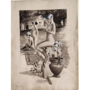Paul Emile Bécat 1885-1960 Aphrodite Drawing In Pen And Indian Ink