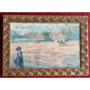 Louis Fortuney 1875-1951 Walk At The Lake Of The Bois De Boulogne Pastel