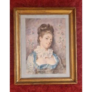 Madeleine Lemaire 1845-1928 Portrait Of A Young Woman Watercolor