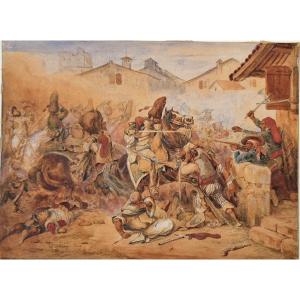 Hippolyte Bellangé 1800-1866 An Episode From The Spanish Civil War Watercolor