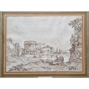 Giovanni Batista Busiri 1698-1757 Italian Landscape Pen Drawing