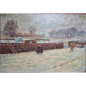 Henri Duhem 1860-1941 Barge Under The Snow Oil On Canvas