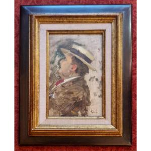 Jules Alexandre Grün 1868-1938 Man In A Boater Oil On Panel