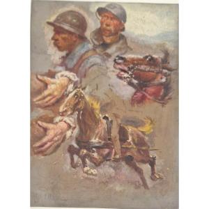 Alphonse Lalauze 1872-1936 Horses And Soldiers Oil On Paper