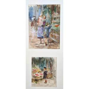 Victor Gabriel Gilbert 1847-1935 Children In Front Of Stalls Watercolor