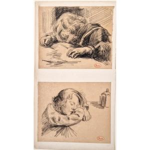 Maximilien Luce 1858-1941 Sleeping Children Black Pencil Drawings