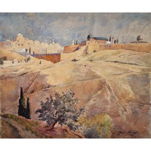 Ysabel Minoggio-roussel 1875-1945 View Of Jerusalem Watercolor