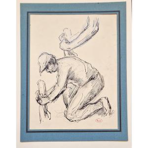 Maximilien Luce 1858-1941 Worker Kneeling At Work Black Pencil And Pen Drawing