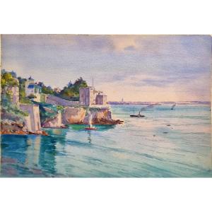 Louis Ponsin 1877-1945 View Of Saint Malo Watercolor