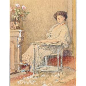 Alexis Louis De Broca 1868-1948 Portrait Of A Woman Around 1900 Watercolor