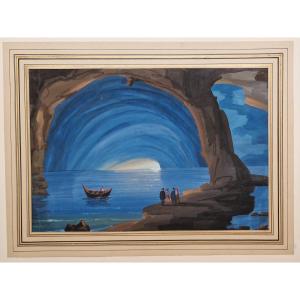 Neapolitan School 19th Century The Blue Grotto In Capri Gouache