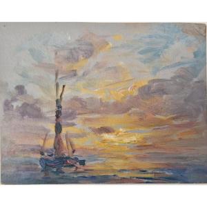 Georges Ricard-cordingley 1873-1939 Sailing Ship At Sunset Oil On Paper