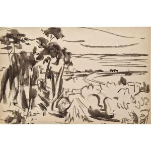 Jules Emile Zingg 1882-1942 Reapers By The Sea. Brittany. Indian Ink.