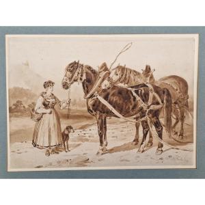 François Hippolyte Lalaisse 1810-1884 Horses In Harness Brown Wash Drawing