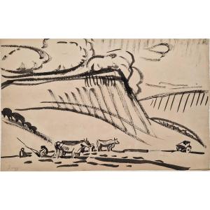 Jules Emile Zingg 1882-1942 Herdsmen At The Bottom Of The Mountain Indian Ink