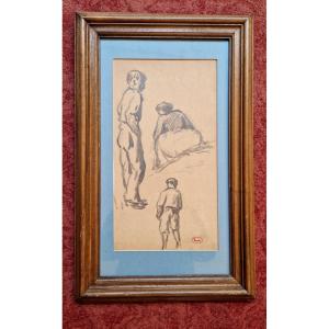 Maximilien Luce 1858-1941 Street Figures Wash Drawing