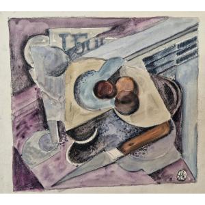 Albert Coste 1895-1985 Cubist Still Life With Plums And Knife Watercolor