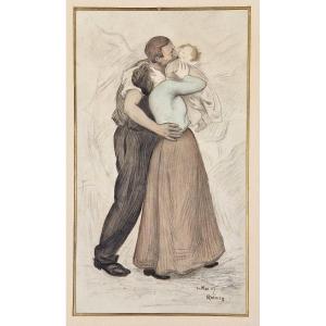René Lelong 1871-1933 A United Family Watercolor