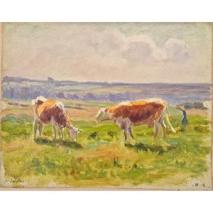 Charles Wislin 1852-1922 Carolles Cows And Their Herdsman Oil On Canvas