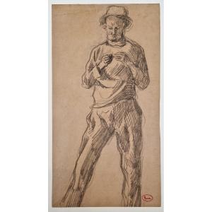 Maximilien Luce 1858-1941 Man Rolling A Cigarette Black Pencil Drawing
