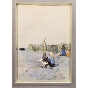 Edmond Yon 1841-1897 On The Beach At Cayeux-sur-mer Watercolor