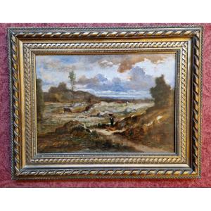 Louis Hector Allemand 1809-1886 Landscape With A Red Umbrella Oil On Paper Mounted On Canvas