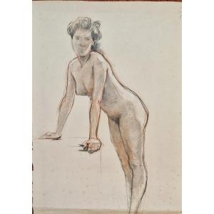 Paul Mathey 1844-1929 Standing Female Nude Drawing In Three Crayons